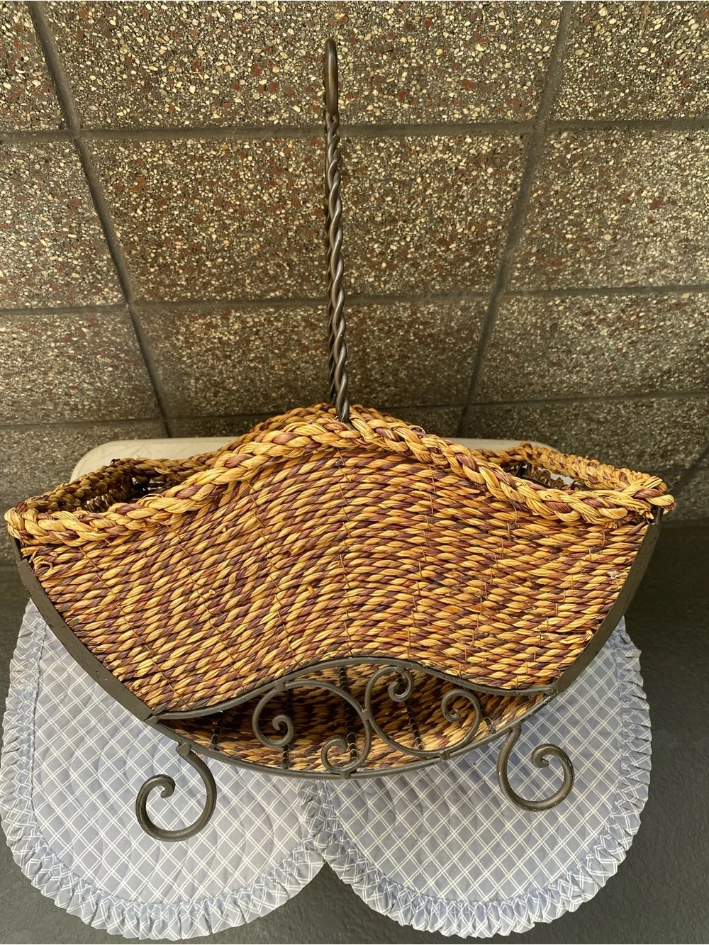 American Vintage Woven Natural Brown Basket with Twisted Iron Handle